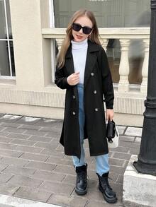 SHEIN 青少年女孩编织休闲百搭时尚纽扣领腰带蝴蝶结口袋宽松长款风衣，休闲军事风格，通勤和户外，返校，秋冬母子搭配，秋季服装，冬季服装