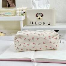 1pc Cream Ditsy Floral Pencil Case, Cute Minimalist Fresh Style Stationery Pouch,For School Supplies,Back To School - Multicolor - View 4
