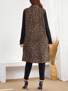 Miaspire 冬季大码女式无袖豹纹开衫，休闲日常穿着 - 棕色 - 查看 2