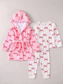 3pcs Girls Butterfly Pattern Long Sleeve Top, Pants And Hooded Robe Pajama Set Bow Pjs Bow Pajama Set Fall Winter - Pink - View 1