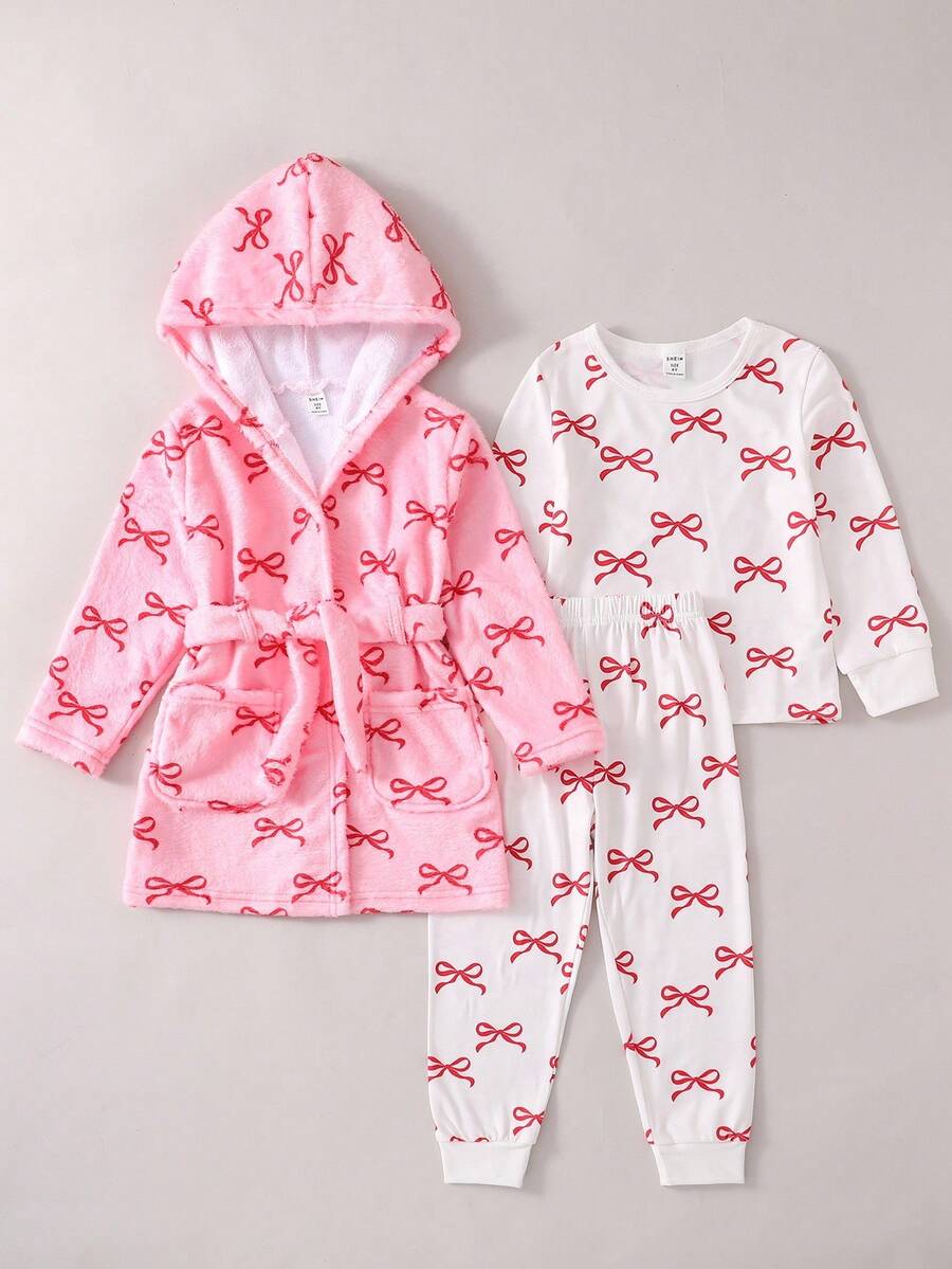 3pcs Girls Butterfly Pattern Long Sleeve Top, Pants And Hooded Robe Pajama Set Bow Pjs Bow Pajama Set Fall Winter - Pink - View 1