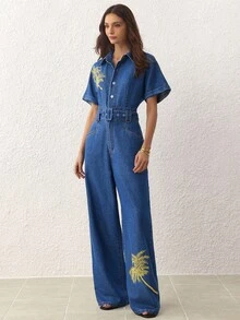 SHEIN MOD 女式休闲优雅牛仔背带裤和连体裤 - 藍色 - 查看 5