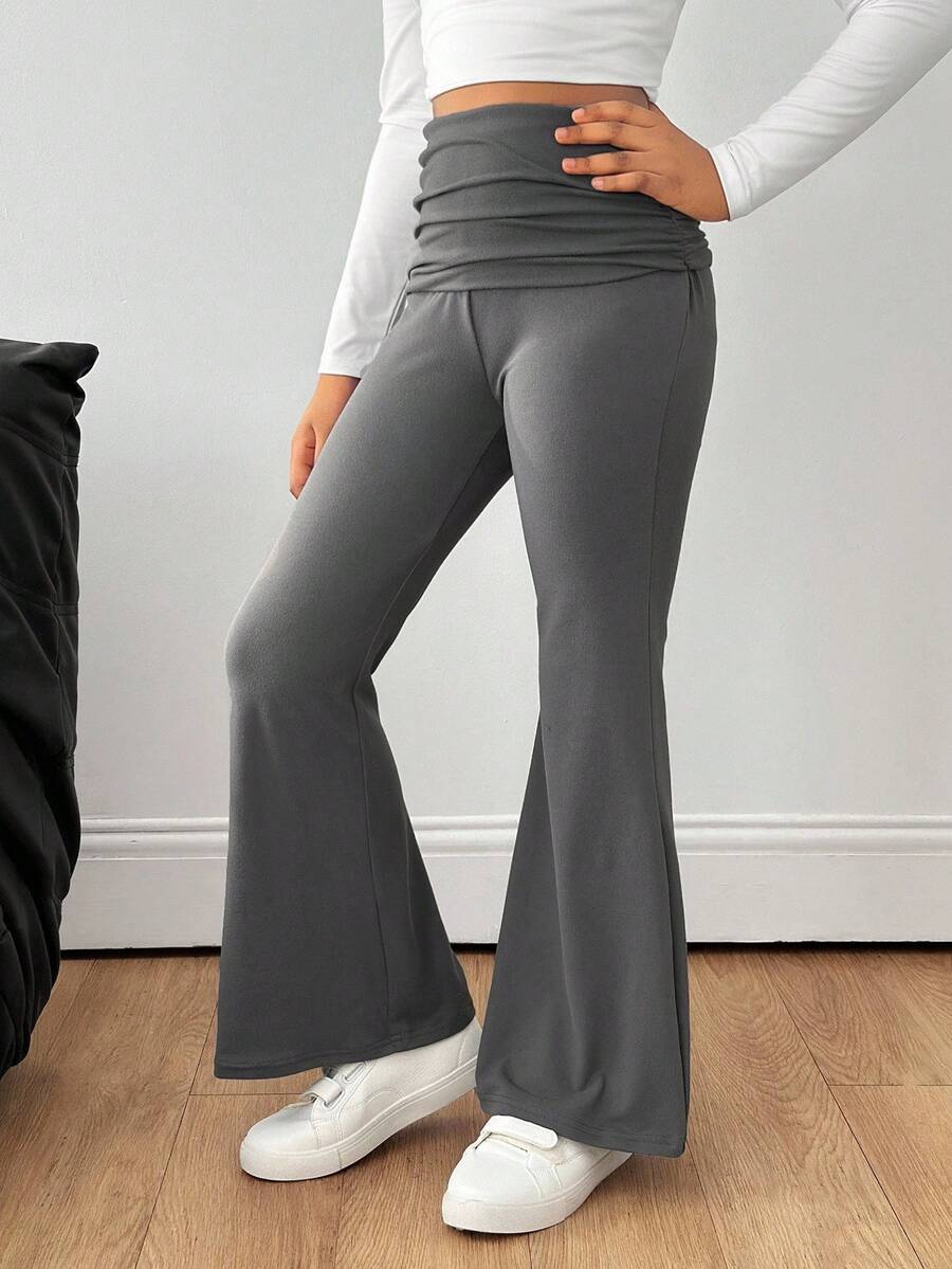 SHEIN Tween Girls' Basic Casual Knit High Waist Ruched Slim Flare Pants, Back To School - Grey - View 1