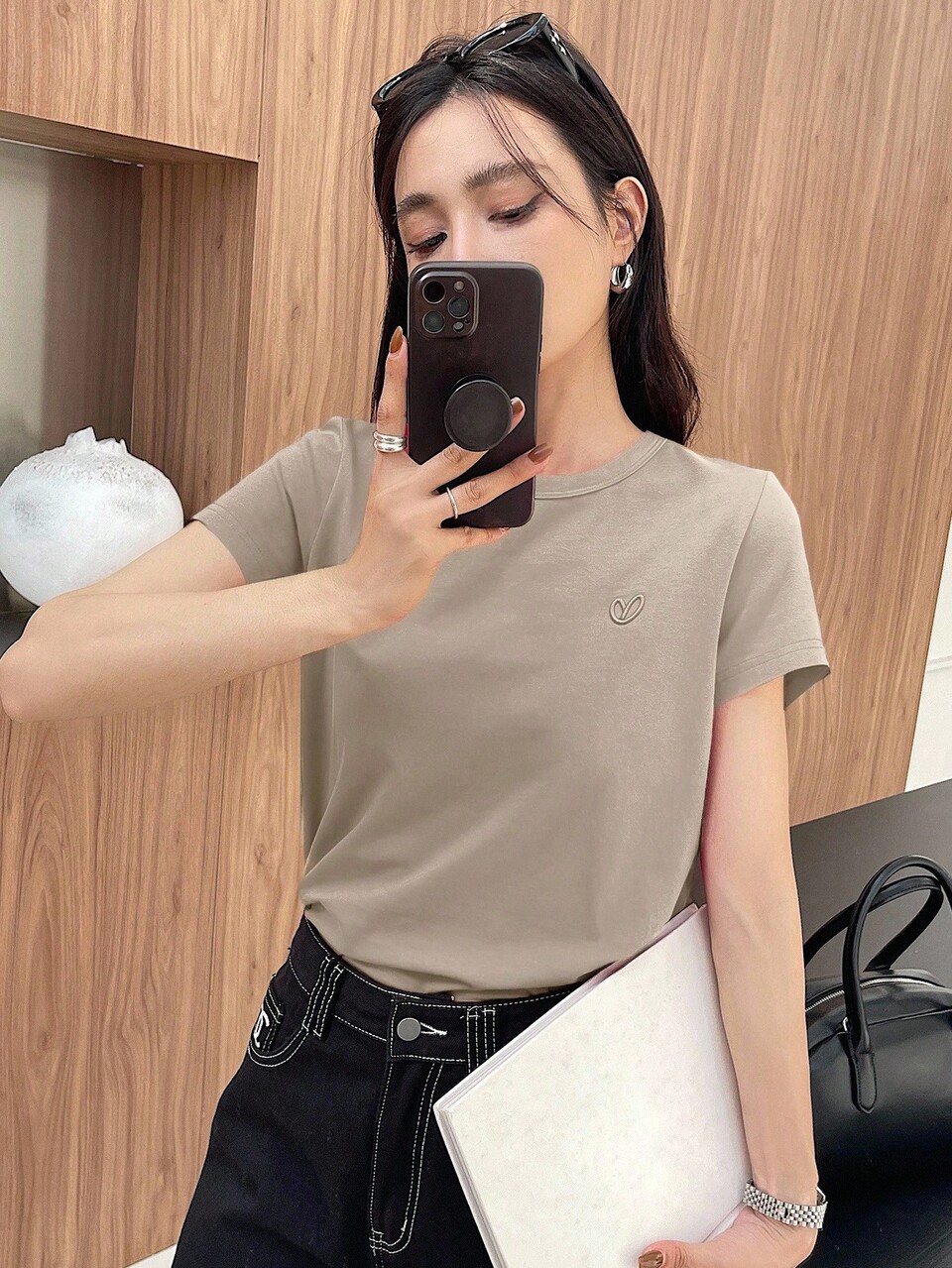 Women's Loose Casual Embroidered Heart & Letter Print Short Sleeve T-Shirt, Summer
