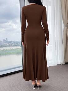 Feyla Twist, Ruched, Metal Decor, Waist Cinched, Long Sleeve, Elegant & Comfortable Party Dress ,Dresses For Women Elegant - Brown - View 6