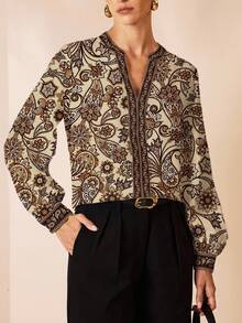Glamance Polina Brazil Women's Elegant Commuter Paisley Print Notch Collar Blouse Paisley Print Blouse Women Blouses And Shirts Printed Blouse Paisley Blouse Women Blouses And Shirts Chic Stylish Clothing Collection - Brown - View 2