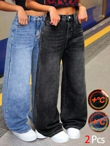 Girlism Tween Girls 2Pcs Fashion Casual Y2k Vintage Cool Street Returns To School College Semi-Elastic Waist Black And Blue Denim Fleece Sole Two Pieces Loose And Comfortable Straight-Leg Jeans For Kids Clothes Tween Girls Costume Dailywear And Kids Winter And Fall Rave Outfits Festival And At Home Outfits Streetwear School Clothes