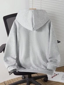 SHEIN 青少年男孩 1件休閒文字印花針織連帽衛衣，黑色，秋季，街頭風，畢業季，開學季，舒適保暖百搭冬季上衣 - 淺灰色 - 查看 2