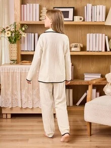 SHEIN 女童泡泡褶休闲翻领开衫睡衣套装 - 杏色 - 查看 2
