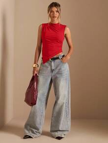 SHEIN BAE Women's Solid Color Sleeveless Cropped Casual Tank Top With Asymmetrical Hem,Multipack - Red - View 3