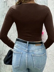 INAWLY Women's Solid Color Round Neck Drop Shoulder Long Sleeve Bodysuit - Coffee Brown - View 2