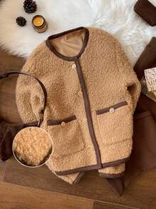 SHEIN EZwear 女士长袖单排扣泰迪羊毛时尚夹克，适合秋冬季派对/约会 - 杏色 - 查看 6