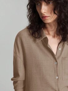 Ontre 2025 秋季女式两件套服装，搭配家居服，海滩度假装，长裤+长袖衬衫套装，音乐节派对商务休闲办公室优雅衬衫 - 卡其色 - 查看 3