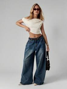 MISSGUIDED 露肩不对称罗纹针织短款上衣短袖弹力秋冬米色 - 杏色 - 查看 7