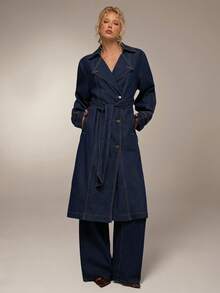 Avantive Retro Commuting Elegant Casual High Street Dark Blue Washed Long Long-Sleeved Denim Jacket Trench Coat Casual Fall Clothes For Women - Dark Wash - View 5