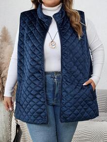 SHEIN CURVE+ Velvet Quilted Vest Thickened Jacket Navy Blue In Fall/Winter - Navy Blue - View 4