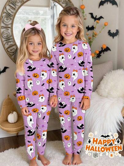SHEIN Happikins 2pcs/Set Thermal Lined Girls Halloween Pajamas With Cute Ghost & Pumpkin Design, Snug Fit, Soft & Comfortable Long Sleeve Top And Pants, Suitable For Autumn/Winter Fall Sleepwear Kids Halloween Girls Clothes Kids Pj Sets Matching Pajama Set Kids