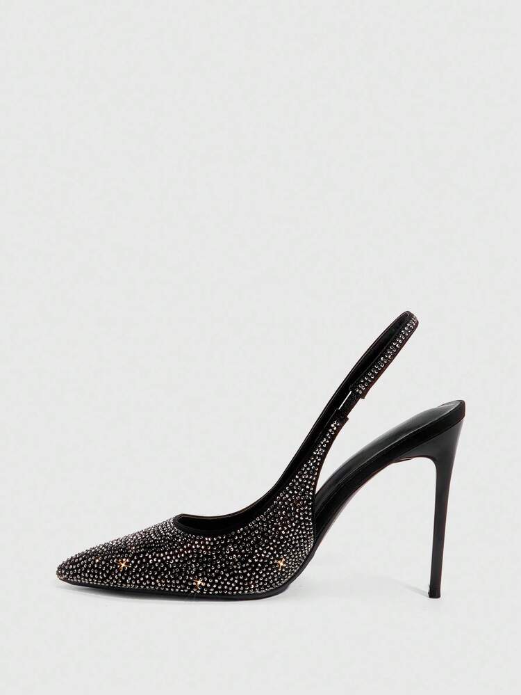 CUCCOO SZL Women's Pointed Toe High Heel Black Rhinestone Embellished Formal Party Nightclub Fashionable Glamorous Sexy Stilettos With Ankle Strap For Christmas Spring Shoes