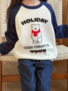 SHEIN 2pcs/Set Tween Girls Navy Blue Knitted Fleece Bear Print Raglan Sleeve Pullover & Woven Pants,Korean Preppy School Style,Back-To-School Autumn Outfit - Multicolor - View 6
