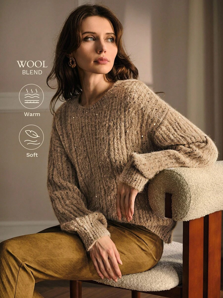 MOTF PREMIUM SUÉTER ELEGANTE DE PUNTO CON CUELLO REDONDO Y LENTEJUELAS PARA OTOÑO/INVIERNO