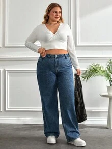 SHEIN Cottnline Plus Size Casual Washed High Waist Straight Leg Jeans - Medium Wash - View 4