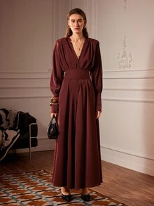 Almamuse 女款優雅酒紅色純色梭織連身褲，V領長袖寬腿連身褲，商務休閒用餐連身褲，適合秋季萬聖節聖誕派對 - 紅木色 - 查看 7