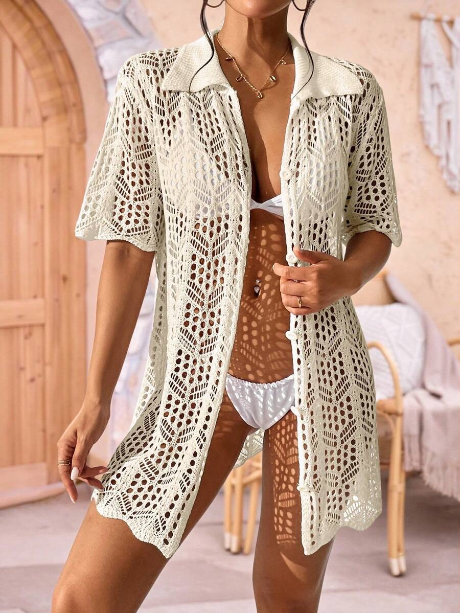 Swim Vcay 鏤空前紐扣和服罩衫 - 杏色 - 查看 1