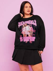 Mean Girls | SHEIN Bluza z okrągłym dekoltem w dużym rozmiarze, z nadrukiem i portretem, jesień - Czarne - Zobacz 4