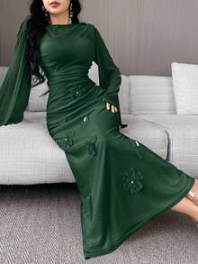 Modelyn 保守纯色修身长袖阿拉伯风格女式连衣裙 - 墨綠色 - 查看 6