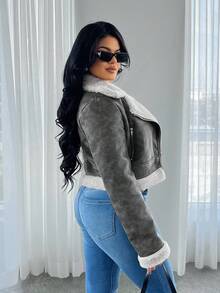 SHEIN SXY Women's Autumn/Winter Faux Thermal Lined Casual Jacket, European And American Design, Fashion Lapel Motorcycle Jacket