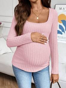 SHEIN Maternity Solid Color Minimalist Daily Long Sleeve Knit T-Shirt Ribbed Top Tops Shirts For Women Pink Fall - Baby Pink - View 6