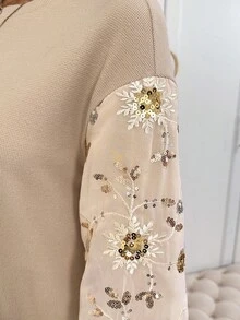 SHEIN LUNE Vestido corto casual de mujer con mangas largas y adornos de lentejuelas, vestido de mujer con mangas farol, vestido bordado, vestido de manga abullonada, vestido de lentejuelas, atuendos de fiesta para mujer, vestidos beige de mujer, vestidos de otoño para mujer, casual - Albaricoque - Ver 7