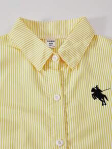 SHEIN 3 件套女童休闲套装：条纹翻领长袖宽松开衫、刺绣马前吊带背心和松紧腰阔腿裤，秋季 - 黃色 - 查看 4