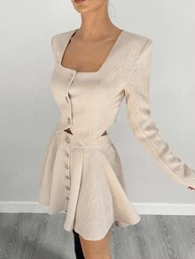 Siren Gaze Women's Elegant Commuter Solid Color Cropped Jacket & Mini Skirt 2 Pieces Set Button Dress Linen Two Piece Set Dress With Cardigan Set Beige Two Piece Set Tweed Two Piece Set Winter
