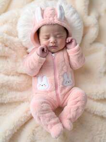 Newborn Baby Pink Rabbit Ear Hooded Romper, Soft Plush Jumpsuit Outfit For Infant, Cute & Comfortable For Home, Outings, Parties, 0-9 Months Fall Winter - Pink - View 1
