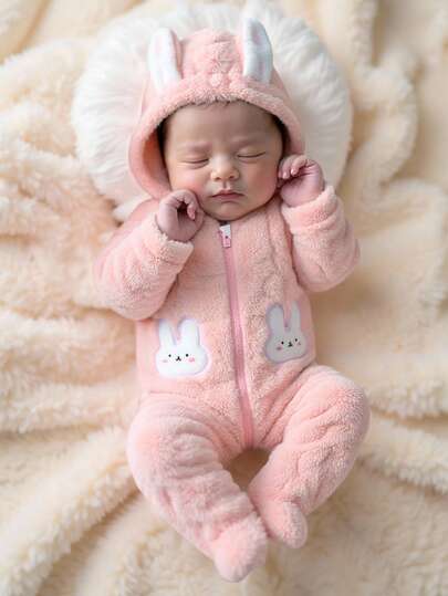 Newborn Baby Pink Rabbit Ear Hooded Romper, Soft Plush Jumpsuit Outfit For Infant, Cute & Comfortable For Home, Outings, Parties, 0-9 Months Fall Winter