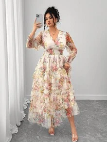 Auvina 新款网眼花卉印花连衣裙，适合晚会、约会、下午茶、生日、婚礼、松紧腰连衣裙、休闲大码连衣裙 - 彩色 - 查看 8