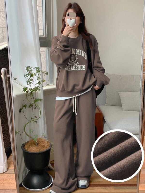 DAZY 2pcs Women Casual Letter Printed Crew Neck Raglan Sleeve Sweatshirt And Sweatpants Set, Autumn