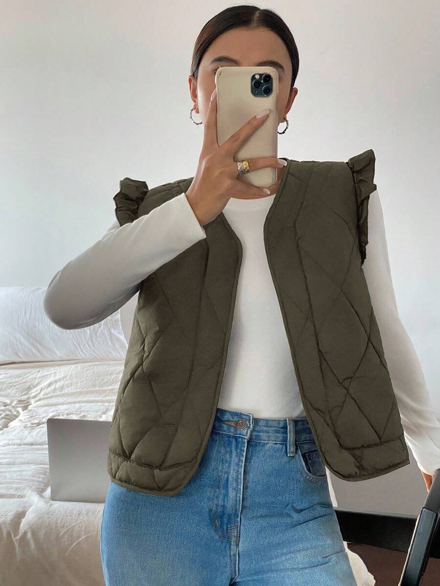 Siren Gaze Veste sans manches décontractée à col ouvert de couleur unie pour femmes, hiver - Militaire verte - Voir 1
