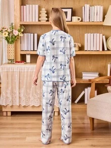 SHEIN 女童休闲蝴蝶印花睡衣套装 - 白色 - 查看 2