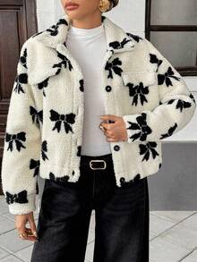 Chiquease Áo khoác lông cừu Teddy nơ kiểu Pháp dành cho nữ - Màu be - Xem 1