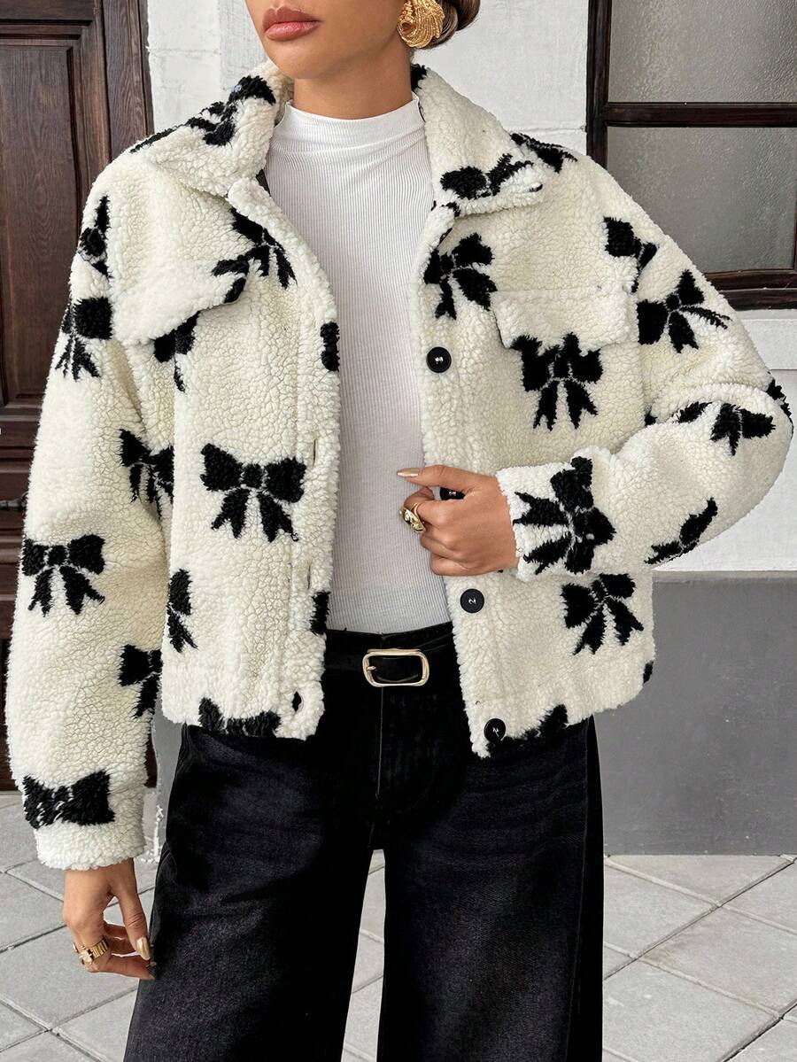 Chiquease Áo khoác lông cừu Teddy nơ kiểu Pháp dành cho nữ - Màu be - Xem 1