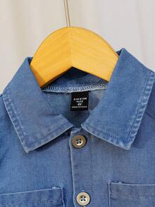 Genkimix Kids YoungBoys Casual Long Sleeve Denim Set, Featuring Minimalist & Loose Lapel, Practical Side Pockets On Front, Paired With Comfortable Pants, Showcasing Simple And Elegant Design, Suitable For Everyday Wear, School, Travel And Leisure In Spring And Autumn