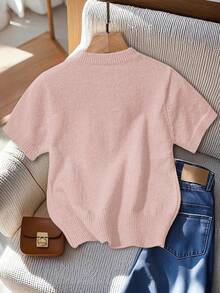 GlowEve Pull à manches courtes avec nœud décoratif, couleur unie, style décontracté, automne - Vieux Rose - Voir 2