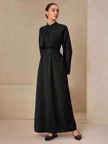 Graceveil Elegant Black Woven Casual Striped Flared Collar Button Waist Belt Long Evening Dress, Autumn - Black - View 7