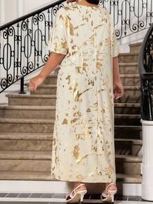 SHEIN Lady 春夏秋冬优雅派对通勤办公室彩色编织缺口舞会礼服短袖卡夫坦连衣裙大码连衣裙 - 彩色 - 查看 2