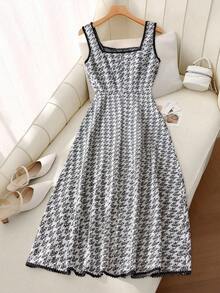 SHEIN Clasi 女士千鸟格纽扣设计方领无袖中长连衣裙，优雅 - 黑與白 - 查看 2