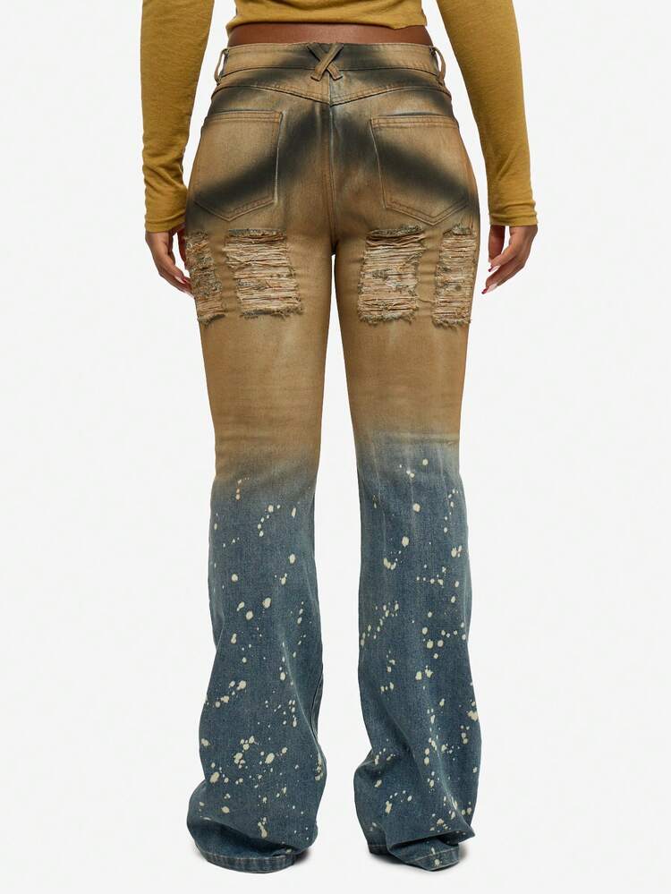 SUMWON Cotton Vintage Acid Wash Distressed Flare Jeans With Bleach Splatter And Ripped Details For Festival And Retro Style