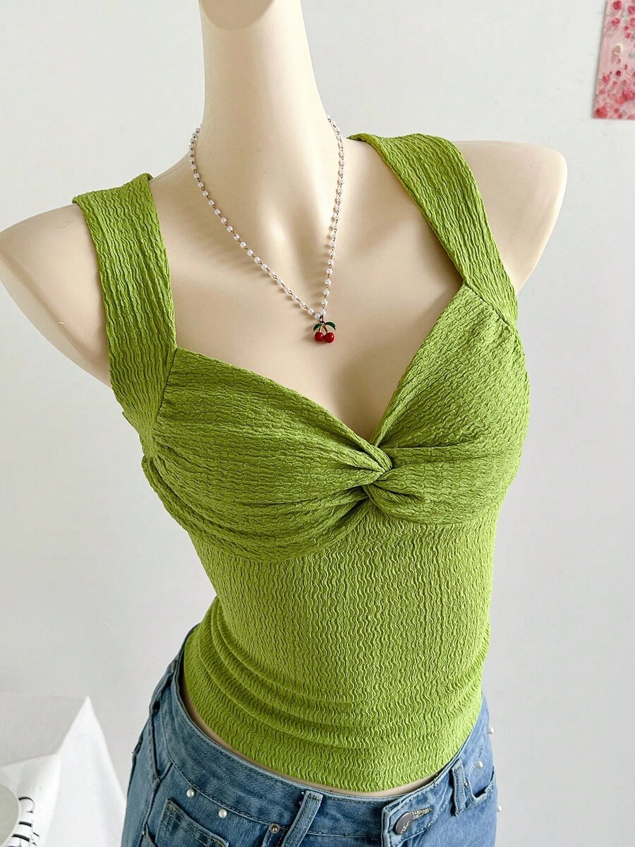 Soleia Women's Solid Color Sweetheart Collar Twist Textured Fabric Fitted Tank Top - Green - View 1