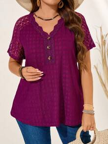 EMERY ROSE Plus Size Purple Lace Stitching Raglan Sleeves Front Collar Stitching Lace Button Decoration Plus Size T-Shirt Casual Vacation Suitable For Spring And Summer Boho Women's Clothing